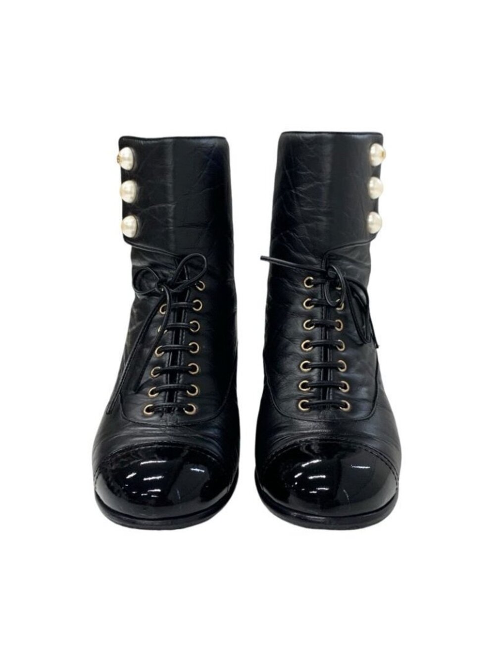 Chanel Boots Short Shoes Leather Black Coco Mark Pearl Lace Up Wrinkle - Picture 2 of 10